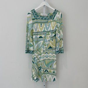 EMILIO PUCCI ICONIC GREEN PRINT SQUARE NECK DRESS MODEL 21R186 SIZE IT 40 / US 6